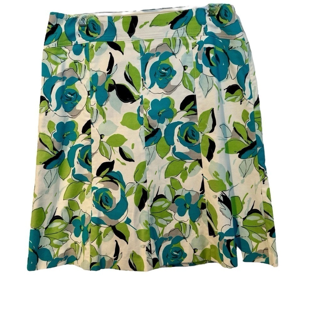 Amanda Smith Blue Green Floral on White A line Summer skirt 14 Knee length